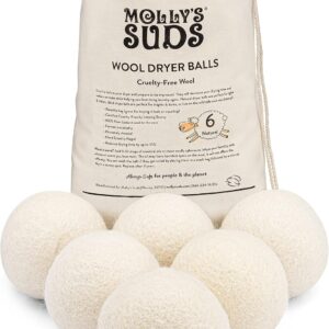 Molly's Suds Wool Dryer Balls | XL, Premium Organic Fabric Softener, Hypoallergenic, Hand-Felted, Reusable, Reduce Drying Time | White, Set of 6
