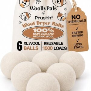 WoollyPals Dryer Balls (6-Pack, XL Size) - 100% New Zealand Wool - No More Dryer Sheets - Eco Dryer Balls - Reusable - Softens Laundry - Reduces Drying Time & Static - with Storage Bag (Plain White)