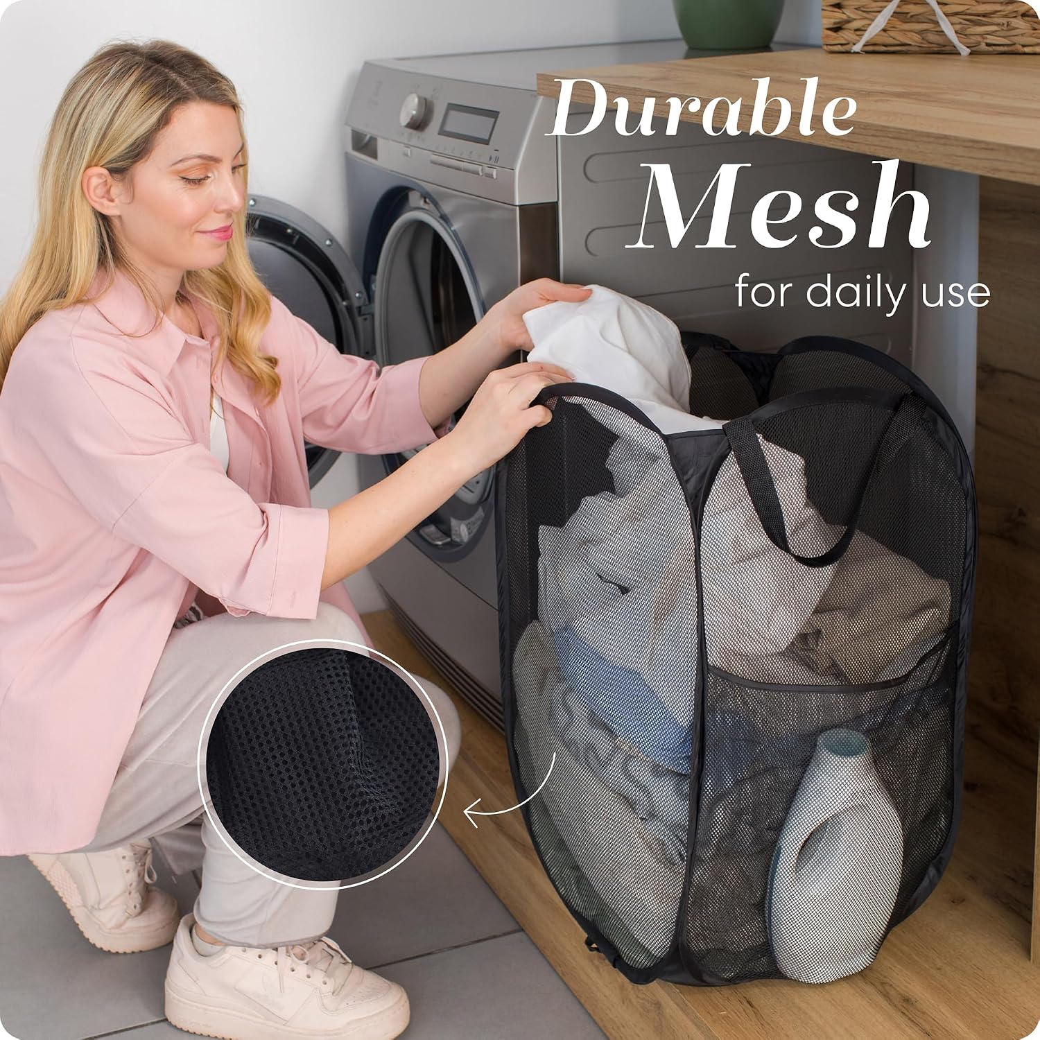 Handy Laundry Collapsible Mesh Pop-Up Hamper with Side Pocket - Image 5