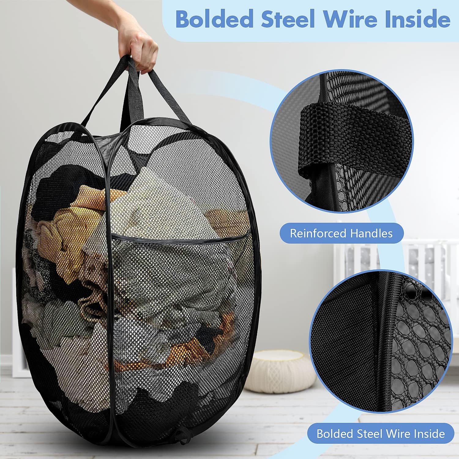 Pop Up Laundry Hamper, 70L Collapsible Mesh Basket with Side Pocket, Black - Image 3