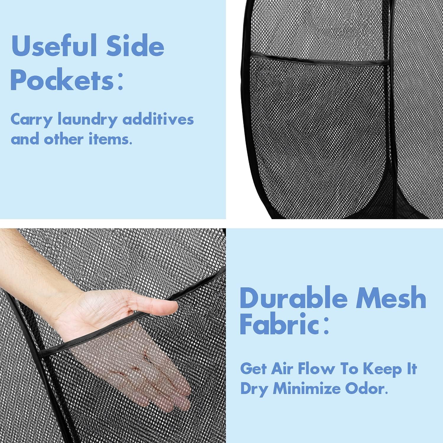 Pop Up Laundry Hamper, 70L Collapsible Mesh Basket with Side Pocket, Black - Image 4