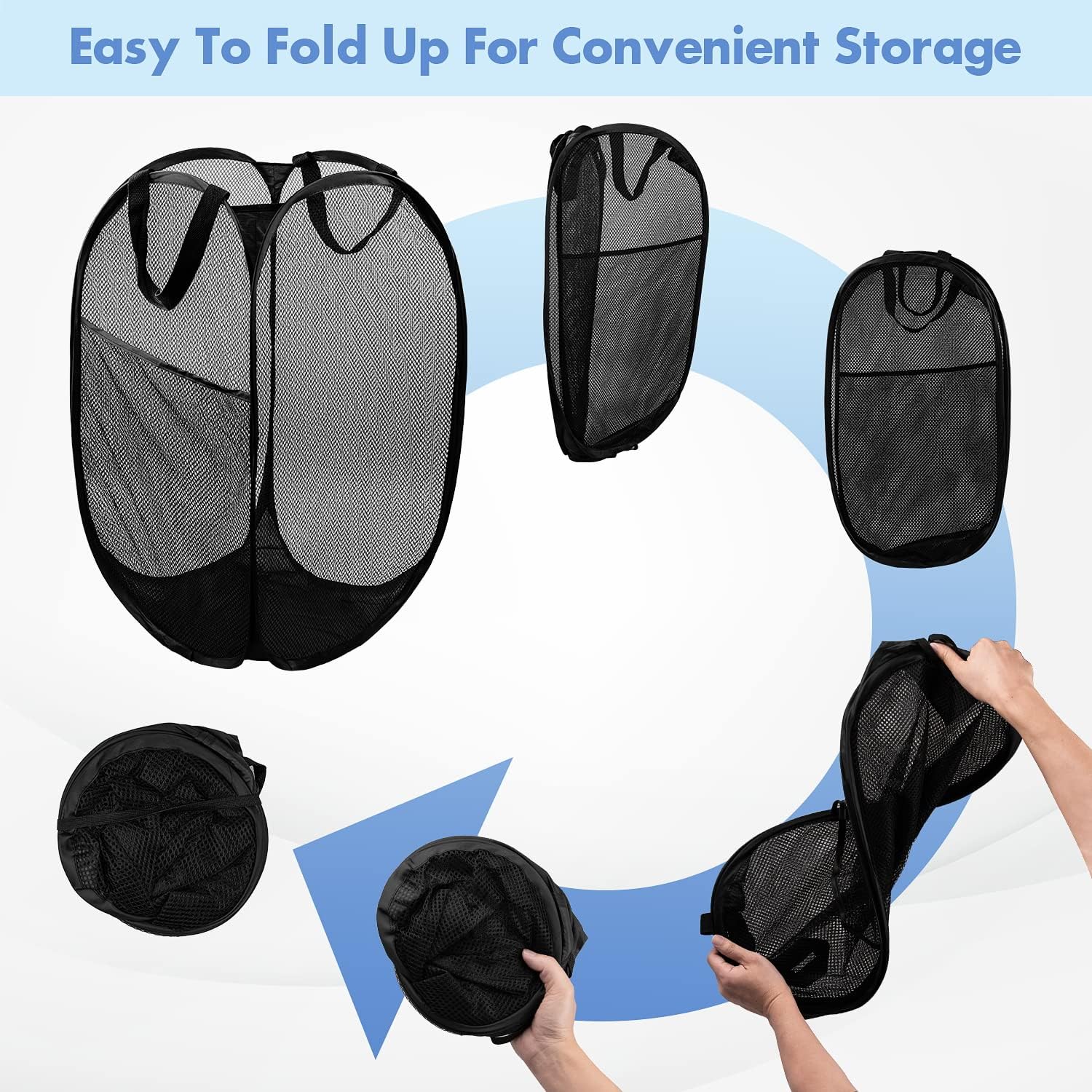 Pop Up Laundry Hamper, 70L Collapsible Mesh Basket with Side Pocket, Black - Image 5