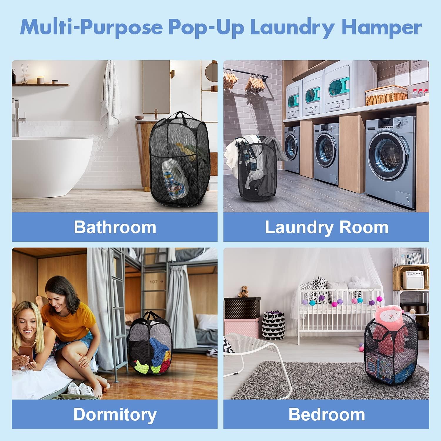 Pop Up Laundry Hamper, 70L Collapsible Mesh Basket with Side Pocket, Black - Image 6
