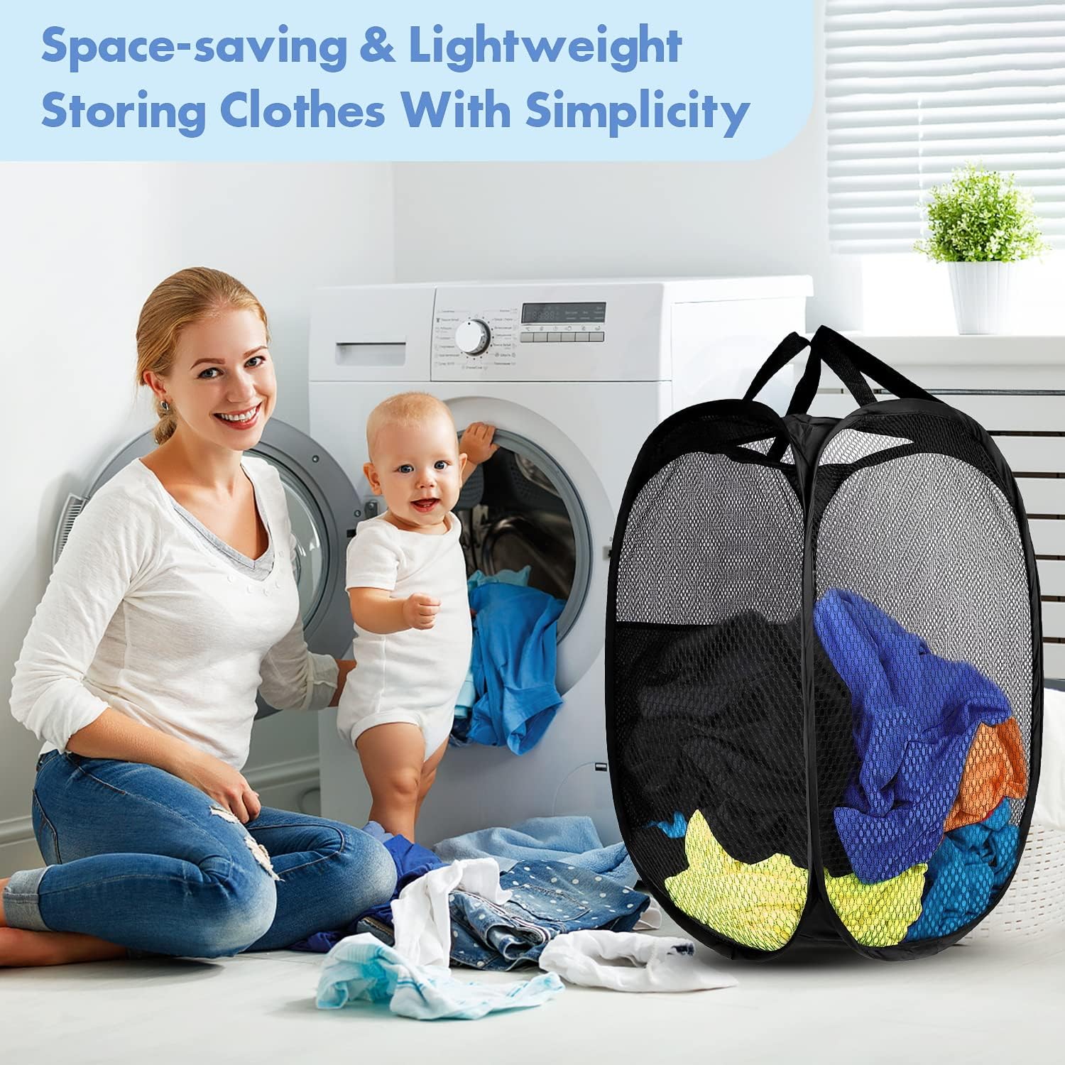 Pop Up Laundry Hamper, 70L Collapsible Mesh Basket with Side Pocket, Black - Image 7