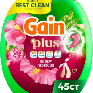 Gain Plus Flings Liquid Washing Detergent Pods, Gain's Best Clean, All-In-One, Happy Hibiscus Scent Laundry Pacs, 45 Count (Packaging May Vary)